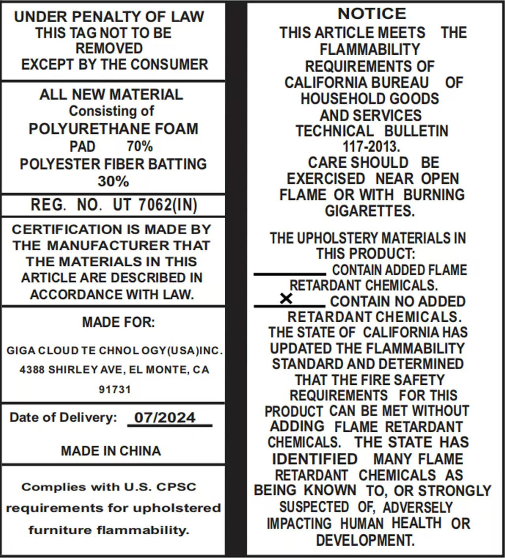 Furniture law label for modular sectional sofa with ottoman, detailing materials, safety compliance, and manufacturing information.