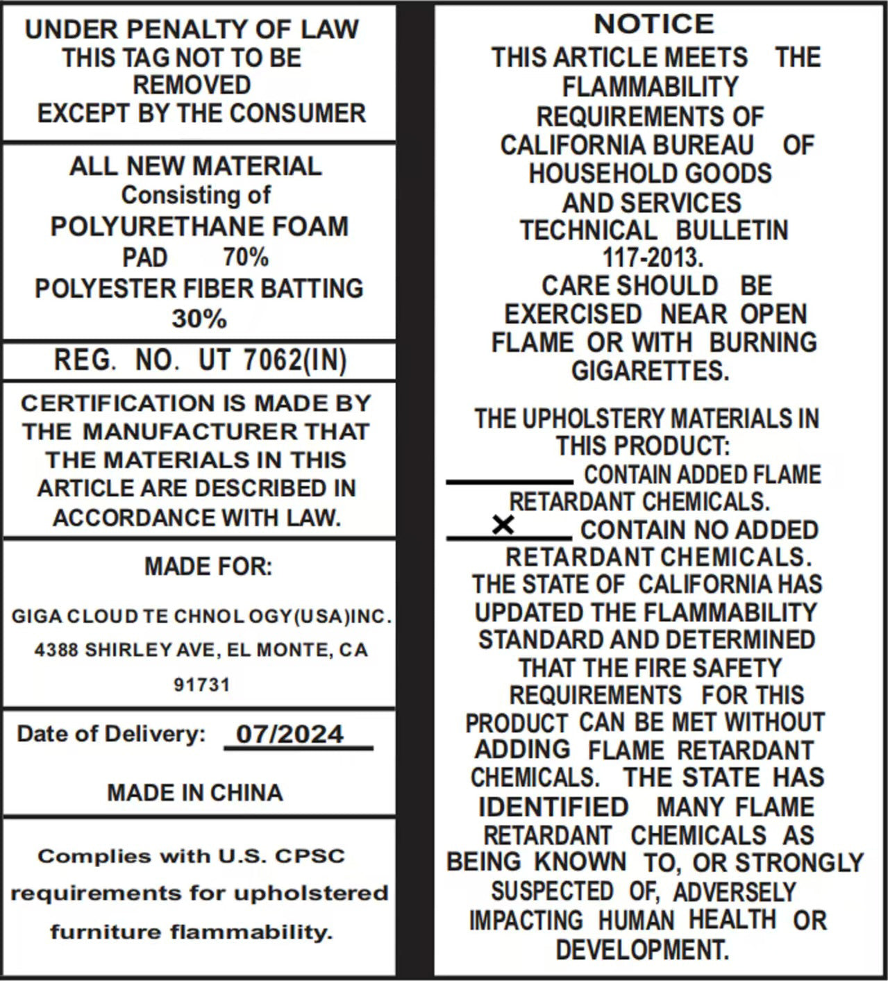 Furniture law label for modular sectional sofa with ottoman, detailing materials, safety compliance, and manufacturing information.