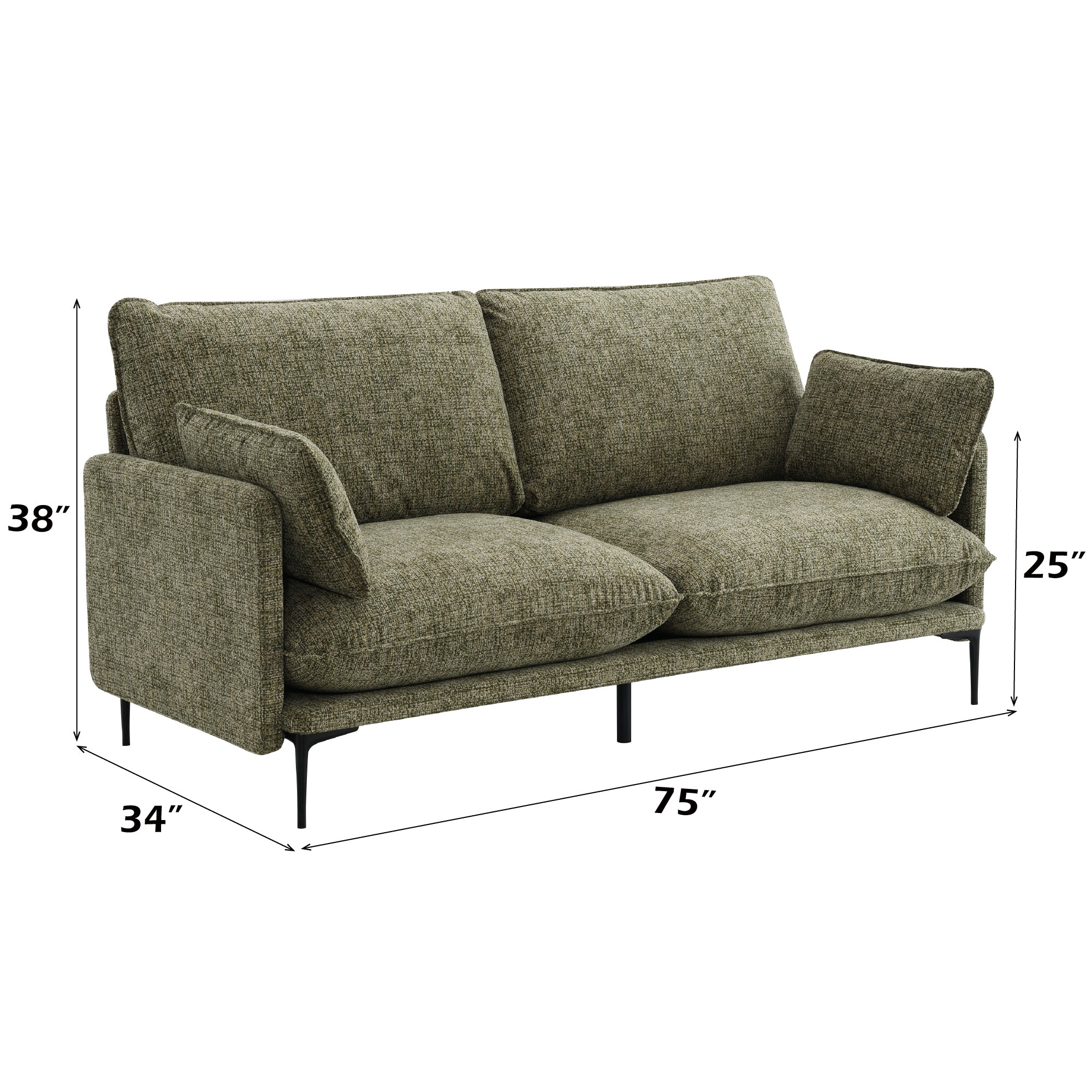 Dalton Green Fabric Sofa - Compressed Cushion with dimensions 75x34x38 inches, featuring green upholstery and slim metal legs.