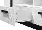 Close-up of drawer on 70.5' White TV Stand with Drawers showing textured front panel and black handle, highlighting modern design and build quality.