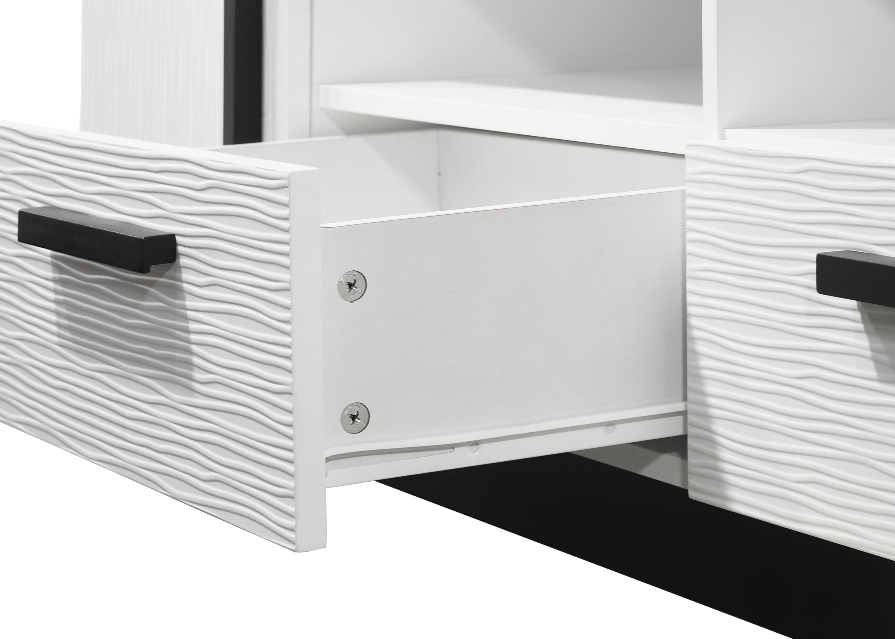 Close-up of drawer on 70.5' White TV Stand with Drawers showing textured front panel and black handle, highlighting modern design and build quality.