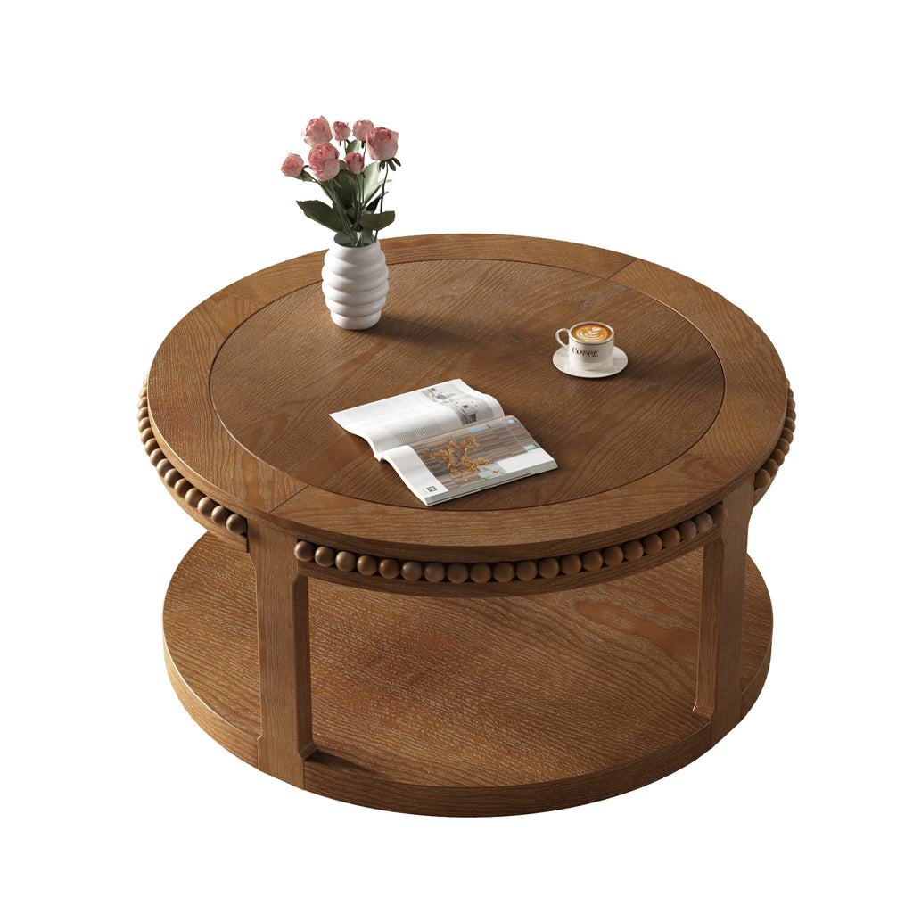 31.5 Inch Round Solid Wood Coffee Table & Sofa Table - Two-Tier Thickened Top, Sturdy Legs, Circle Table for Living Room (Walnut)