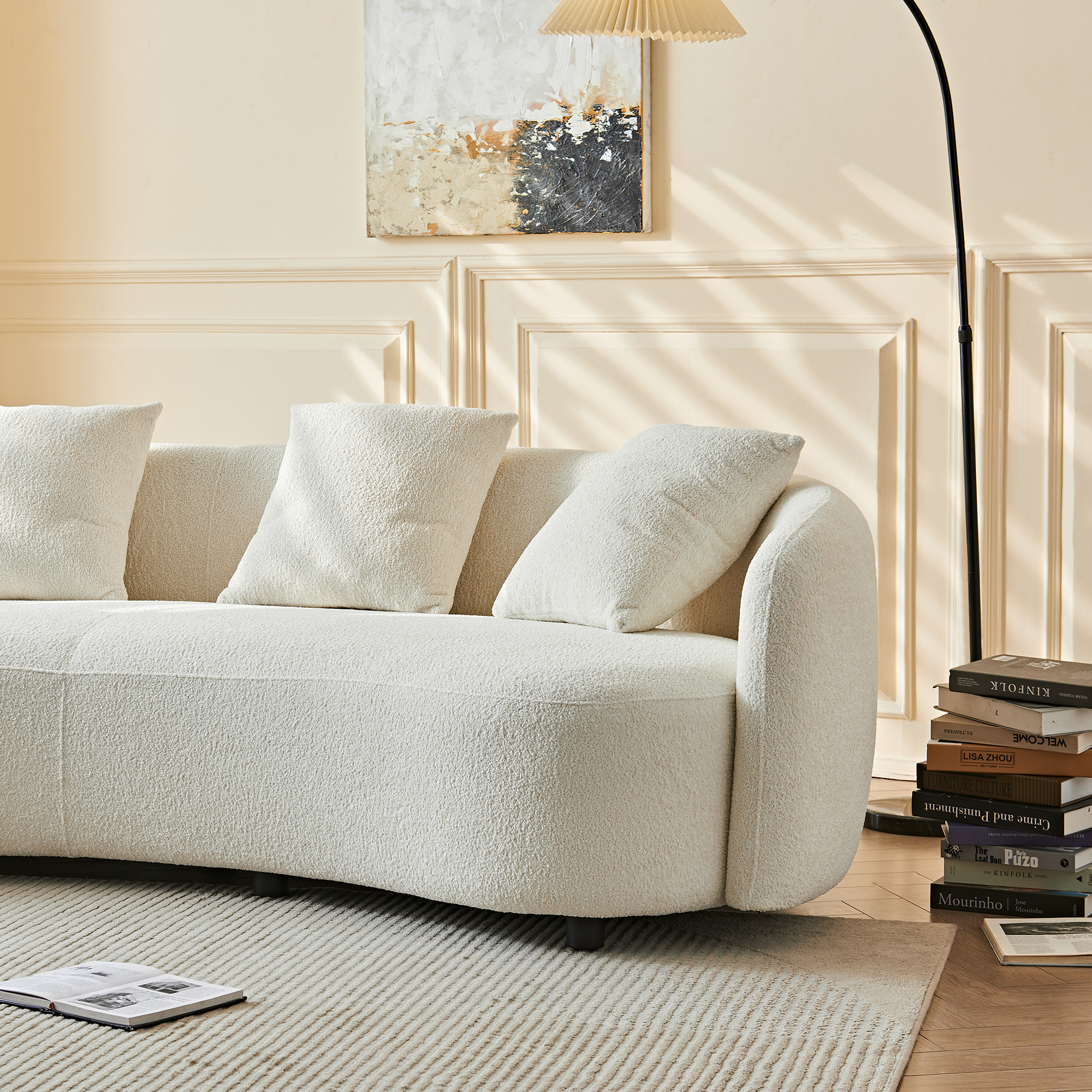 Modern Curved Velvet Sofa with 4 Pillows for Living Room.