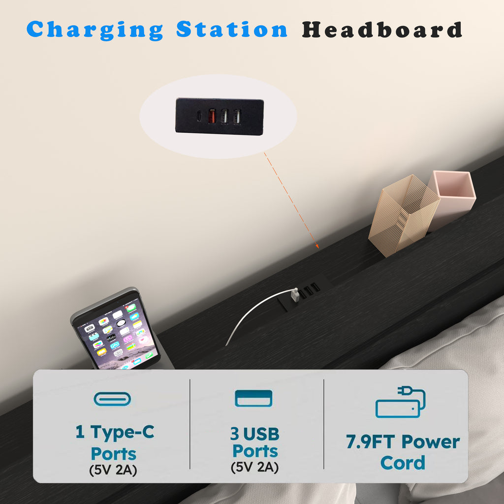 Charging station on Queen Floating Bed Frame headboard. Includes 1 Type-C and 3 USB ports with 7.9FT power cord for device charging.