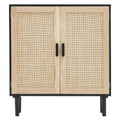Black buffet cabinet with natural rattan doors, minimalist wooden frames, and slim black handles on four sturdy legs.