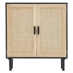 Black buffet cabinet with natural rattan doors, minimalist wooden frames, and slim black handles on four sturdy legs.