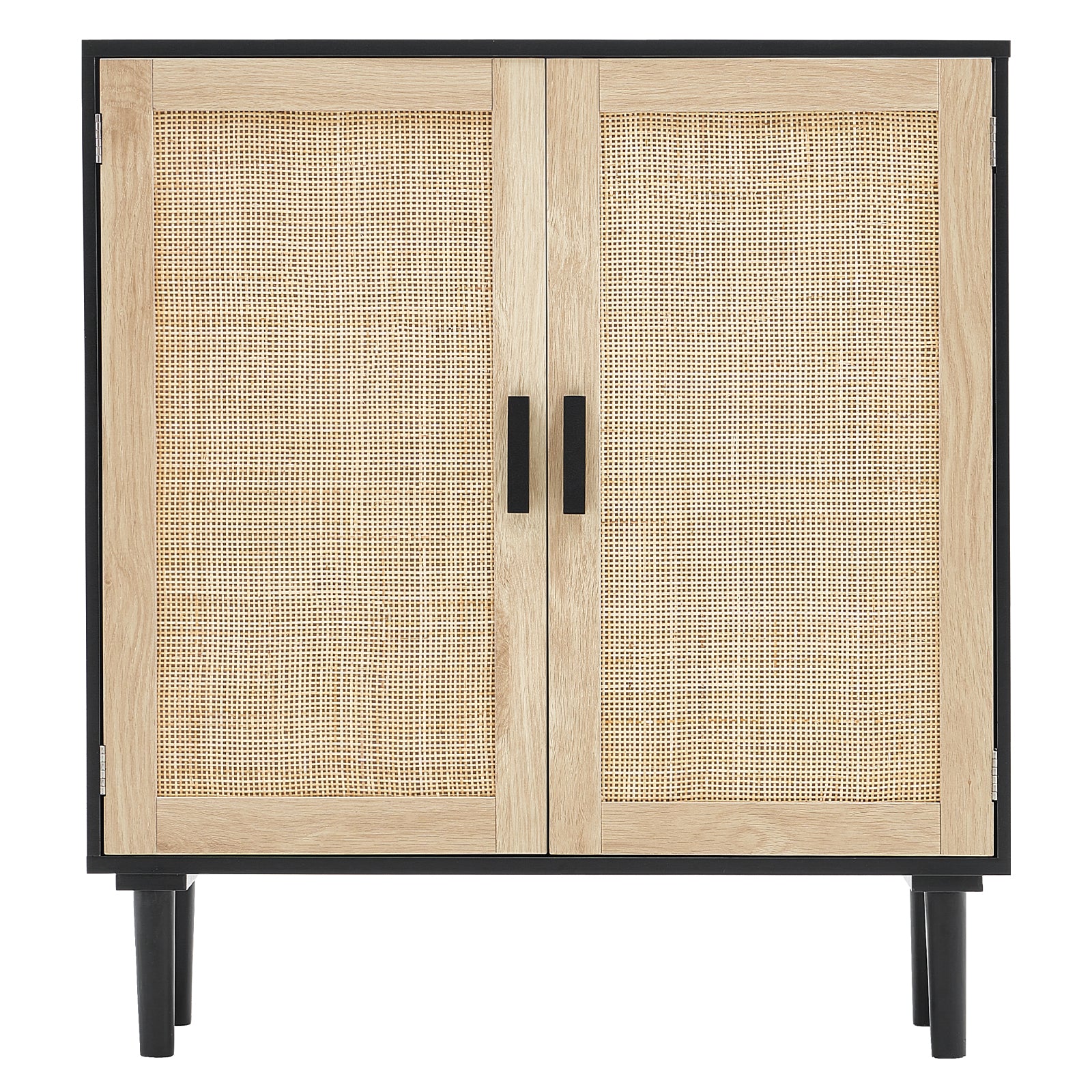 Black buffet cabinet with natural rattan doors, minimalist wooden frames, and slim black handles on four sturdy legs.