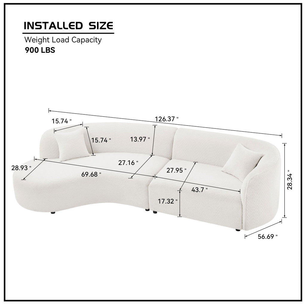 Dimension diagram of modern curved sofa set in white bouclé, highlighting measurements and 900 lbs weight capacity for home use.