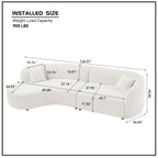 Dimension diagram of modern curved sofa set in white bouclé, highlighting measurements and 900 lbs weight capacity for home use.