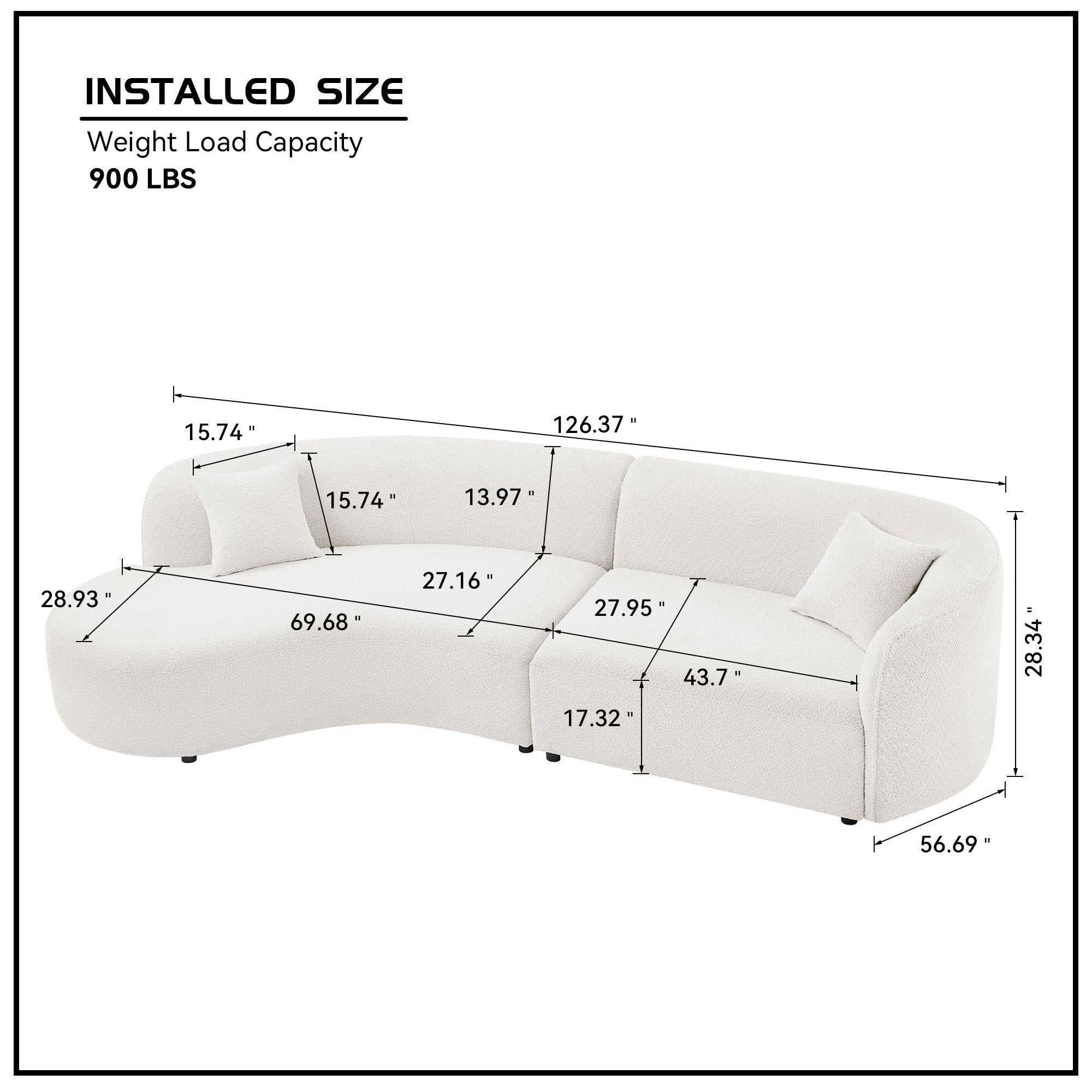 Dimension diagram of modern curved sofa set in white bouclé, highlighting measurements and 900 lbs weight capacity for home use.