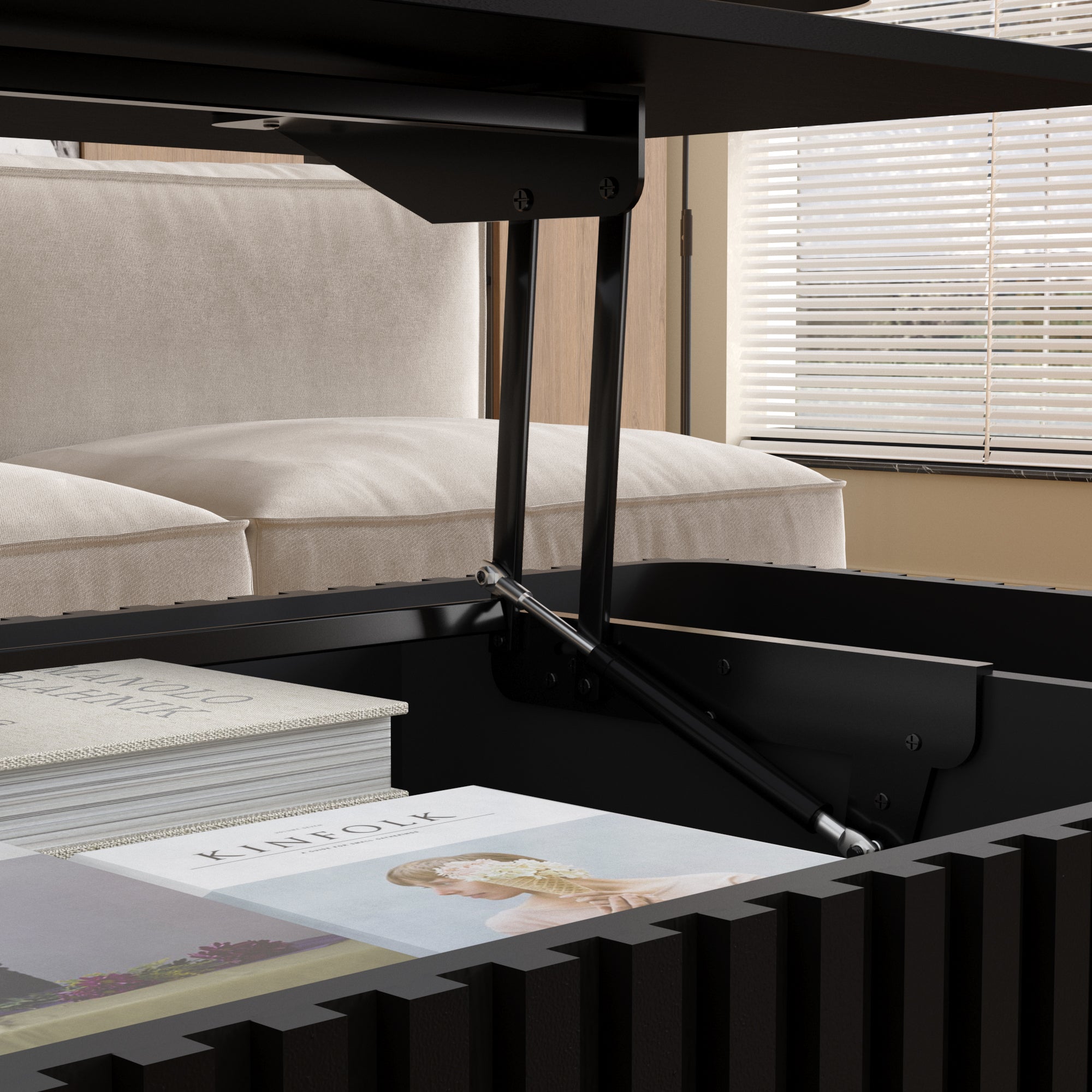 Close-up of lift mechanism and hidden storage compartment inside modern black coffee table with solid wood construction.