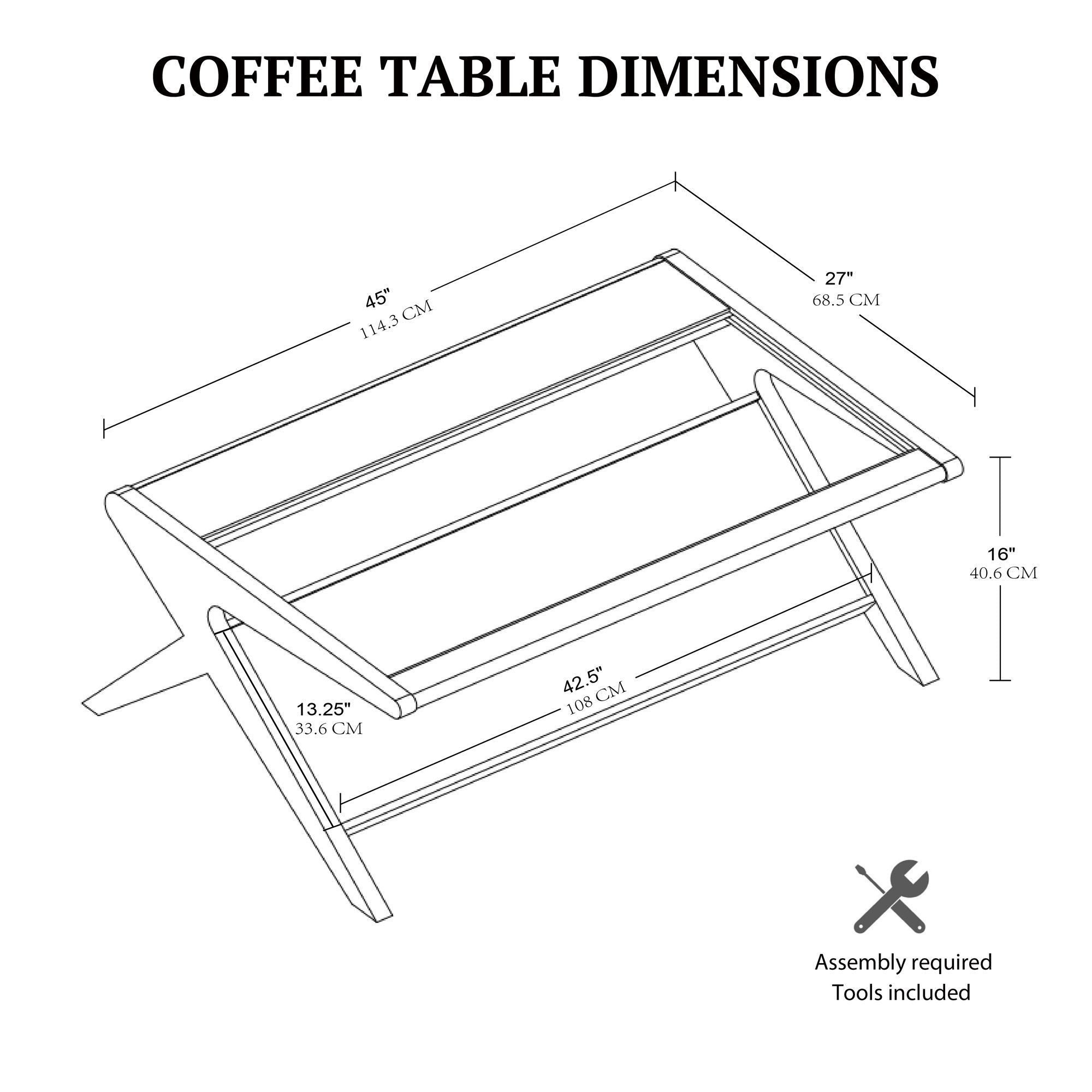 Dimension diagram of Mid-Century Modern Coffee Table in Morocco Brown, showing measurements and assembly tool icon.
