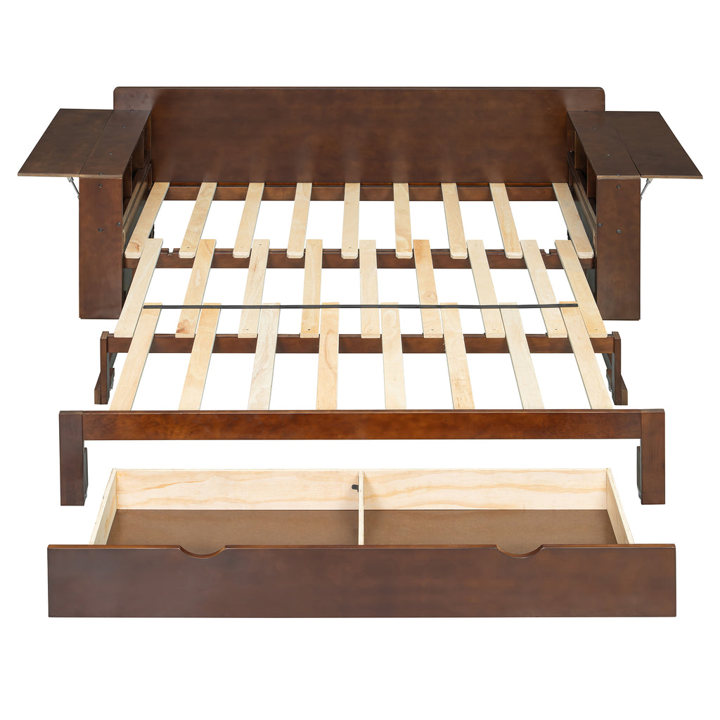 Espresso Queen Multifunctional Daybed frame with pull-out storage drawer and open shelving, ideal for compact living spaces.
