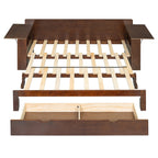 Espresso Queen Multifunctional Daybed frame with pull-out storage drawer and open shelving, ideal for compact living spaces.