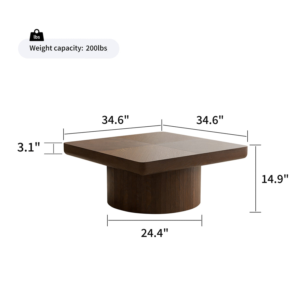 Dimensions and weight capacity of walnut square coffee table with thickened top and cylindrical base, supports up to 200lbs.