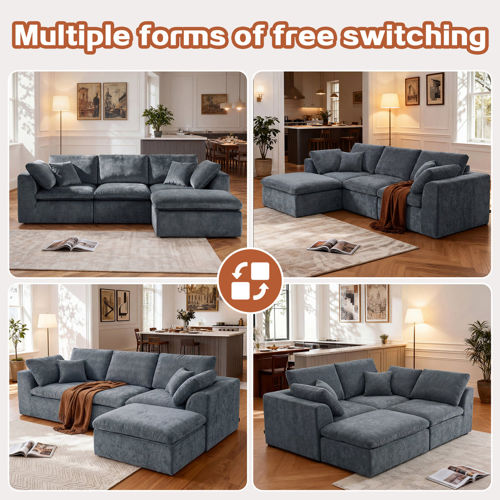 Modern Sectional Couch - Minimalist Sofa shown in four versatile configurations, emphasizing its modular design and reversible chaise feature.