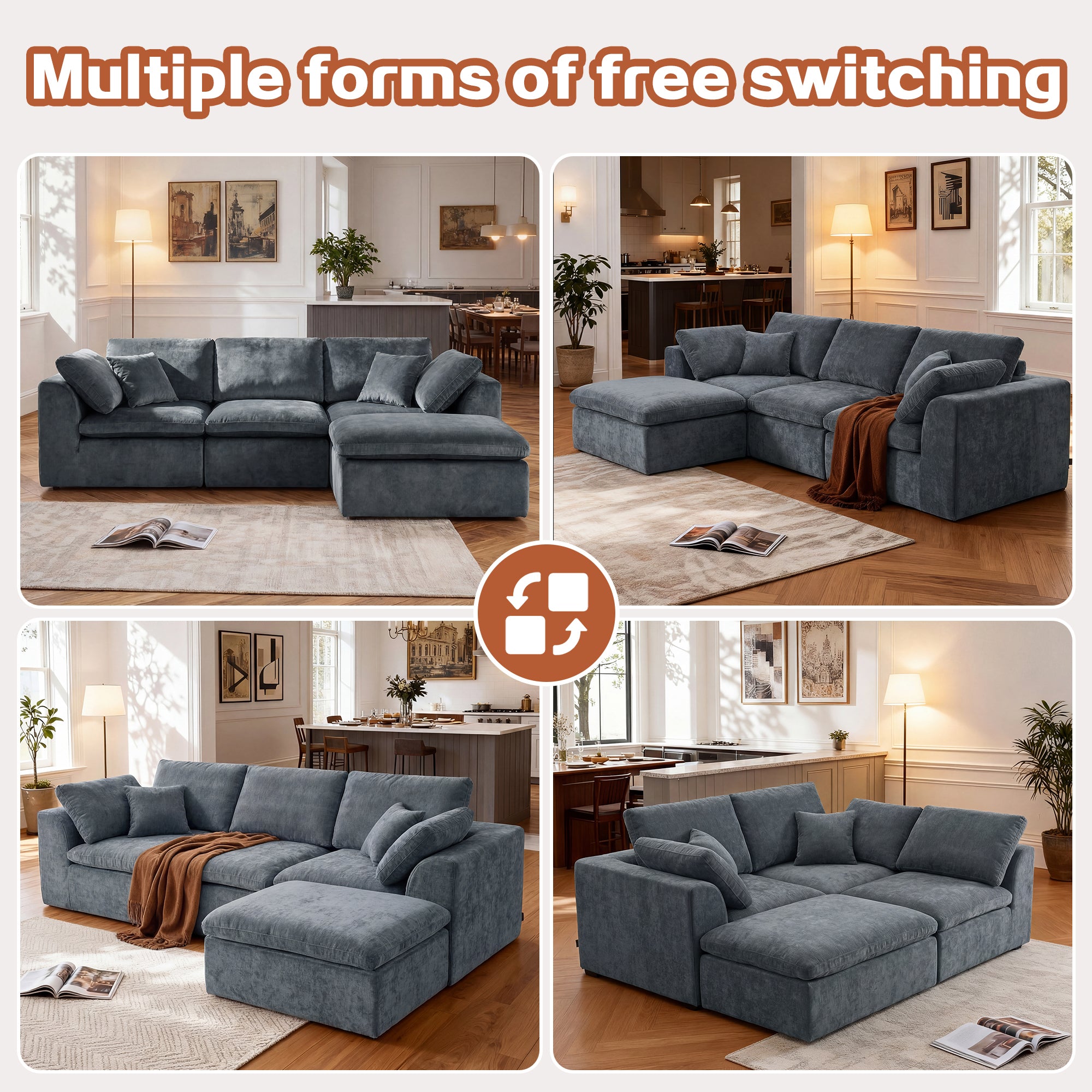 Modern Sectional Couch - Minimalist Sofa shown in four versatile configurations, emphasizing its modular design and reversible chaise feature.