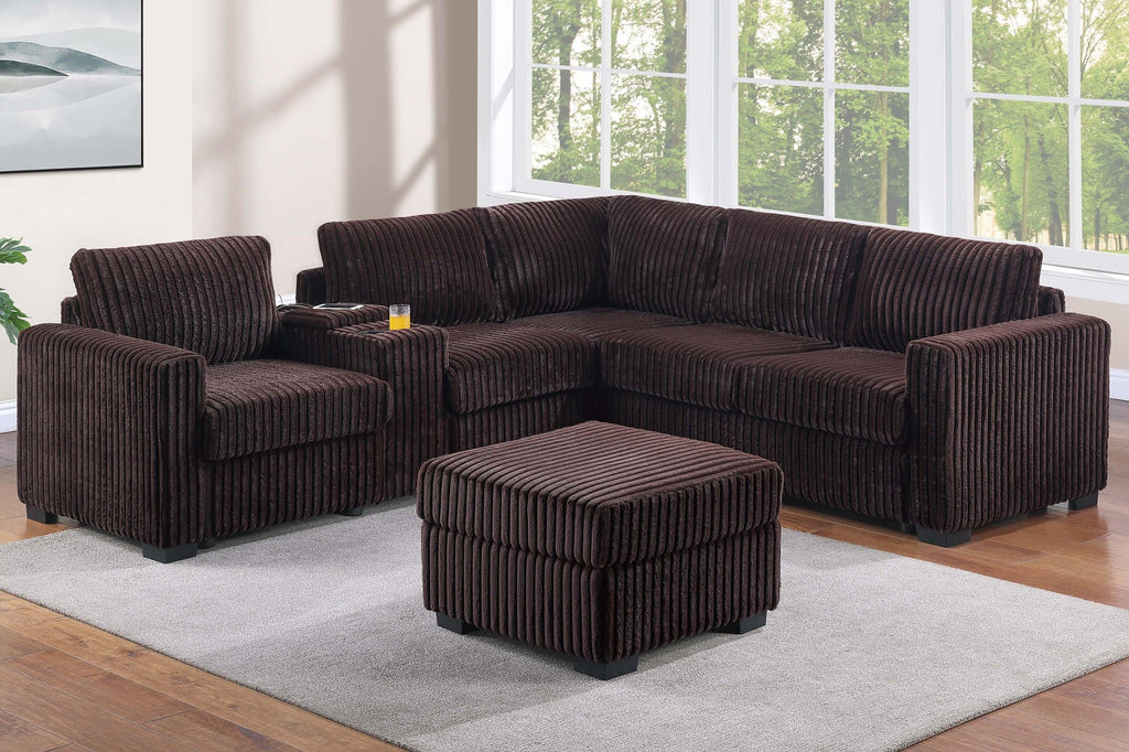 L-Shaped Sectional Set with USB Cup Holders & Ottoman.