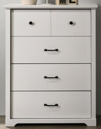 Elara White 4-Drawer Chest with Black Metal Handles.