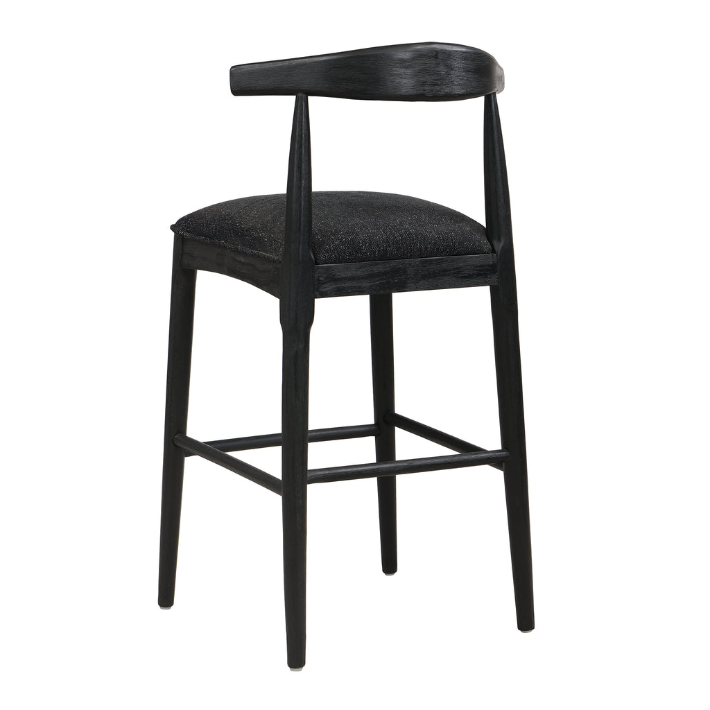 Back angle of black fabric bar stool with tapered legs and upholstered seat, offering a stylish and supportive seating option.