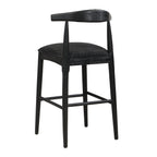 Back angle of black fabric bar stool with tapered legs and upholstered seat, offering a stylish and supportive seating option.
