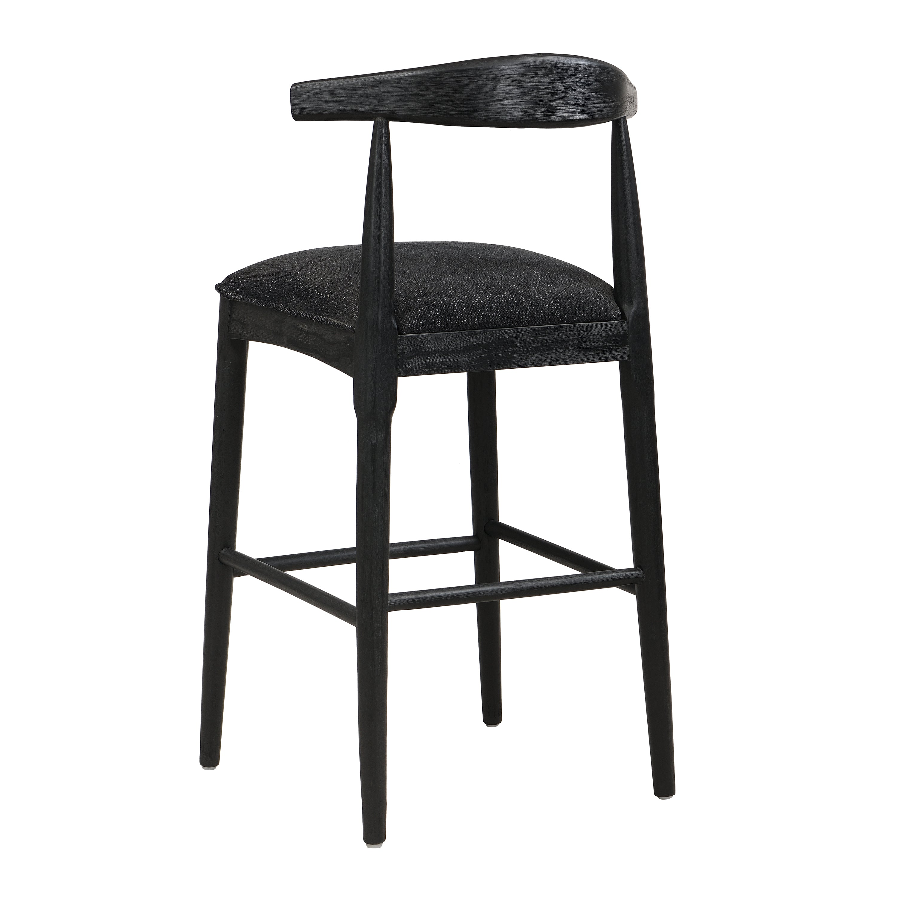Back angle of black fabric bar stool with tapered legs and upholstered seat, offering a stylish and supportive seating option.