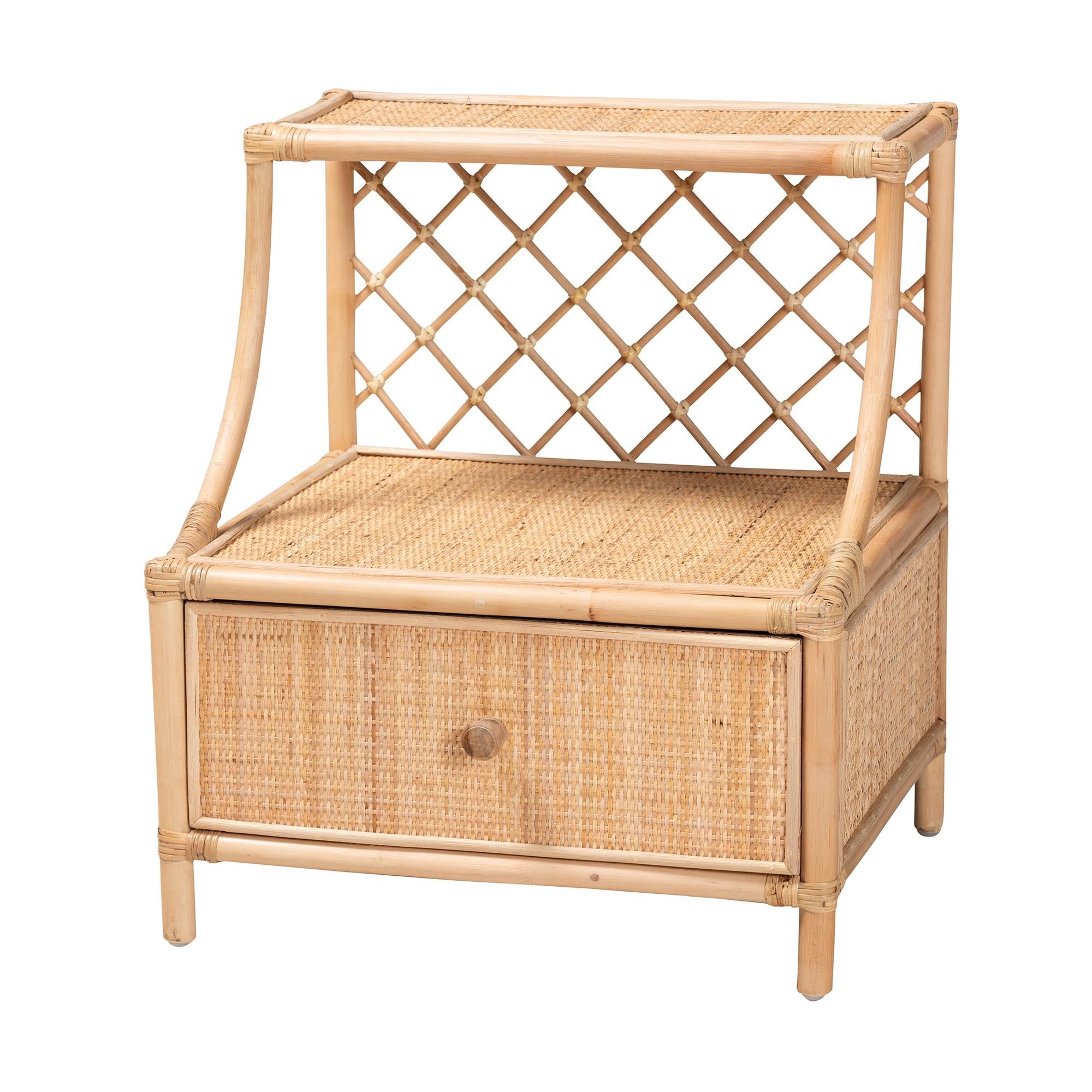 Natural rattan nightstand with a single drawer, woven texture, and an open lattice-back top shelf.