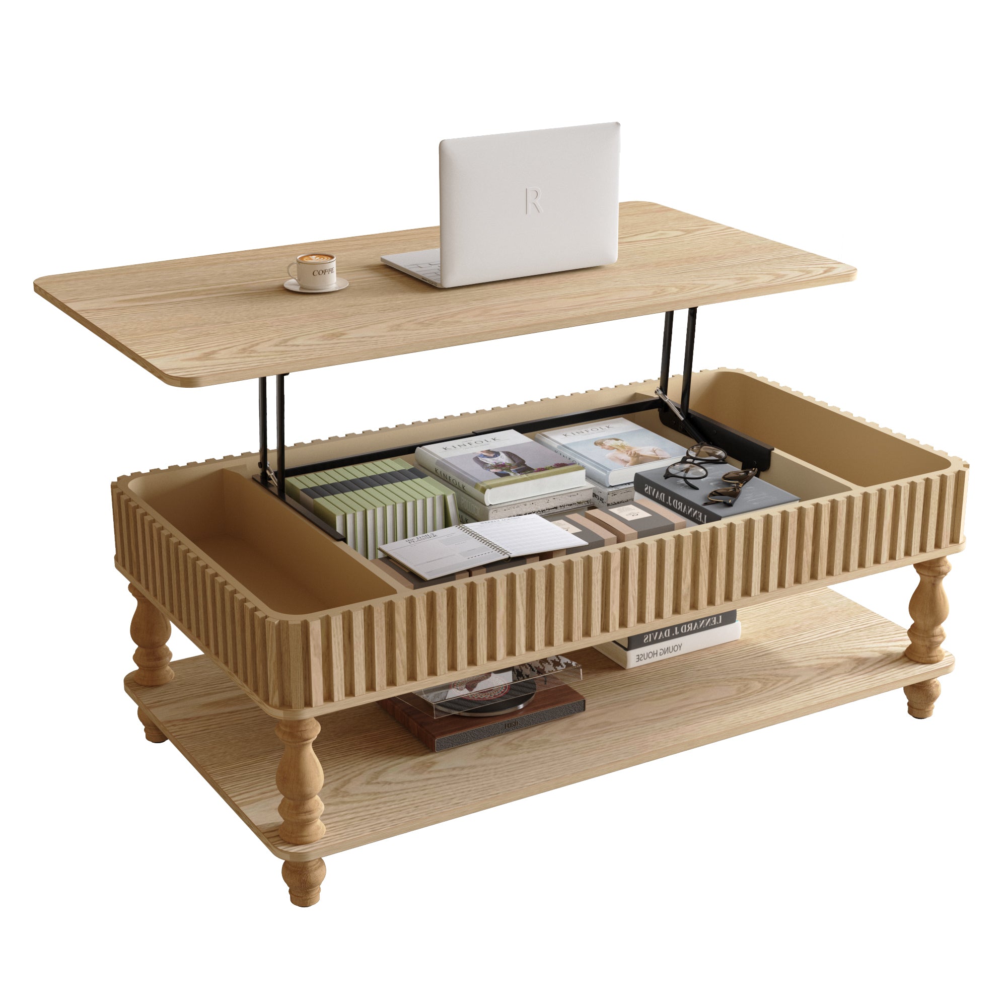 Lift top coffee table raised to reveal hidden storage filled with books, showcasing dual-height functionality and solid wood build.
