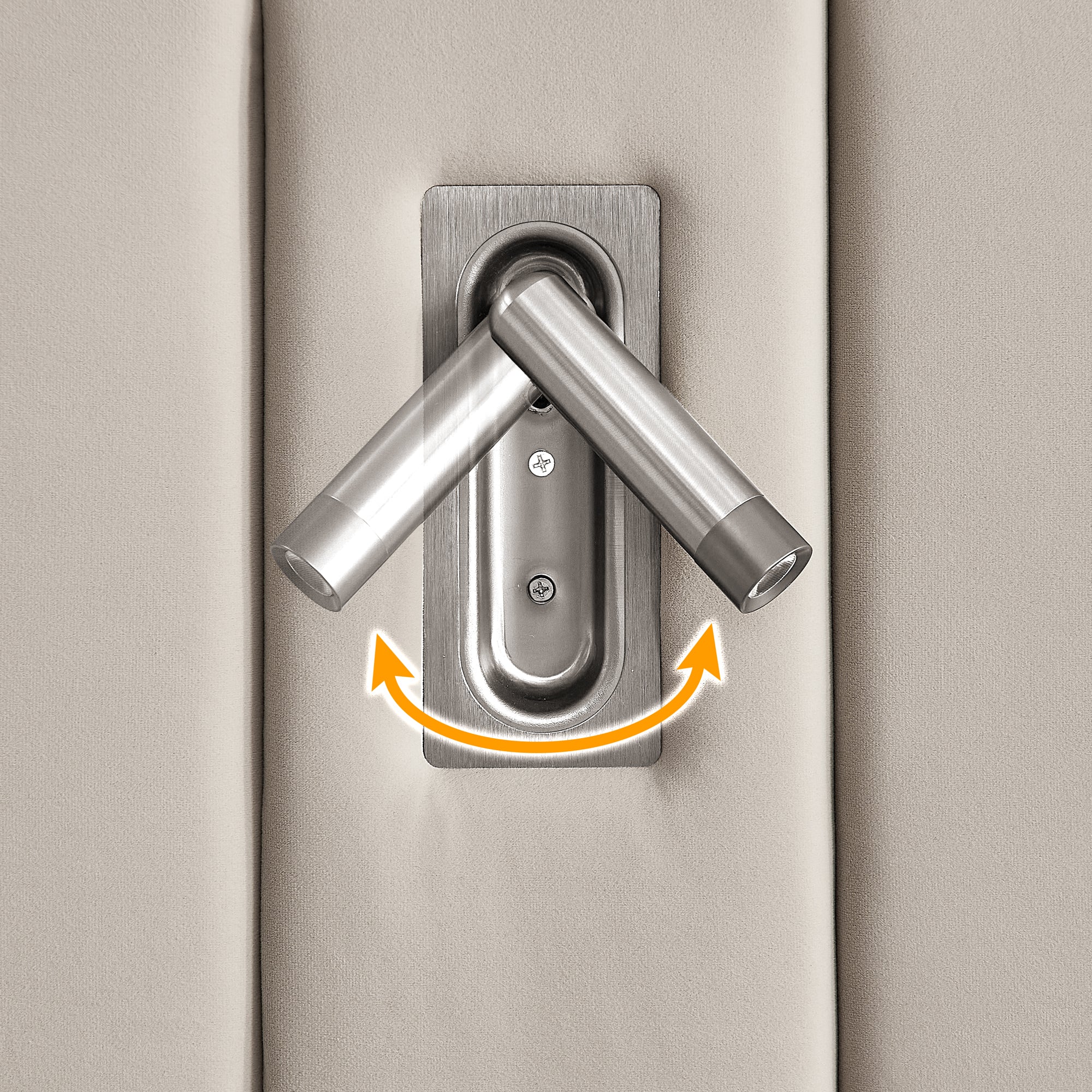 Close-up of adjustable wall-mounted reading lamp on velvet headboard of queen upholstered bed frame with modern design.