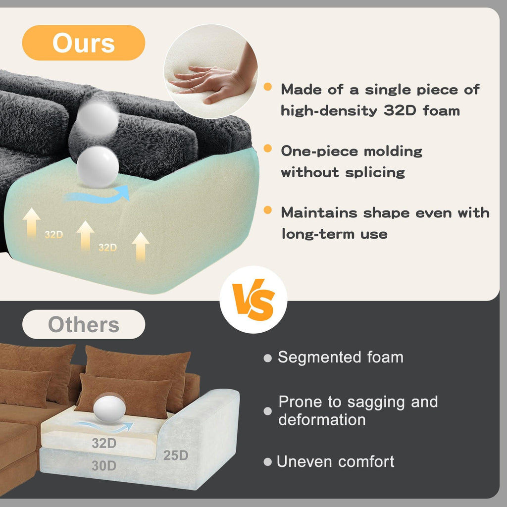 Modular 3-Seater Plush Sofa with Movable Ottoman - Dark Grey.