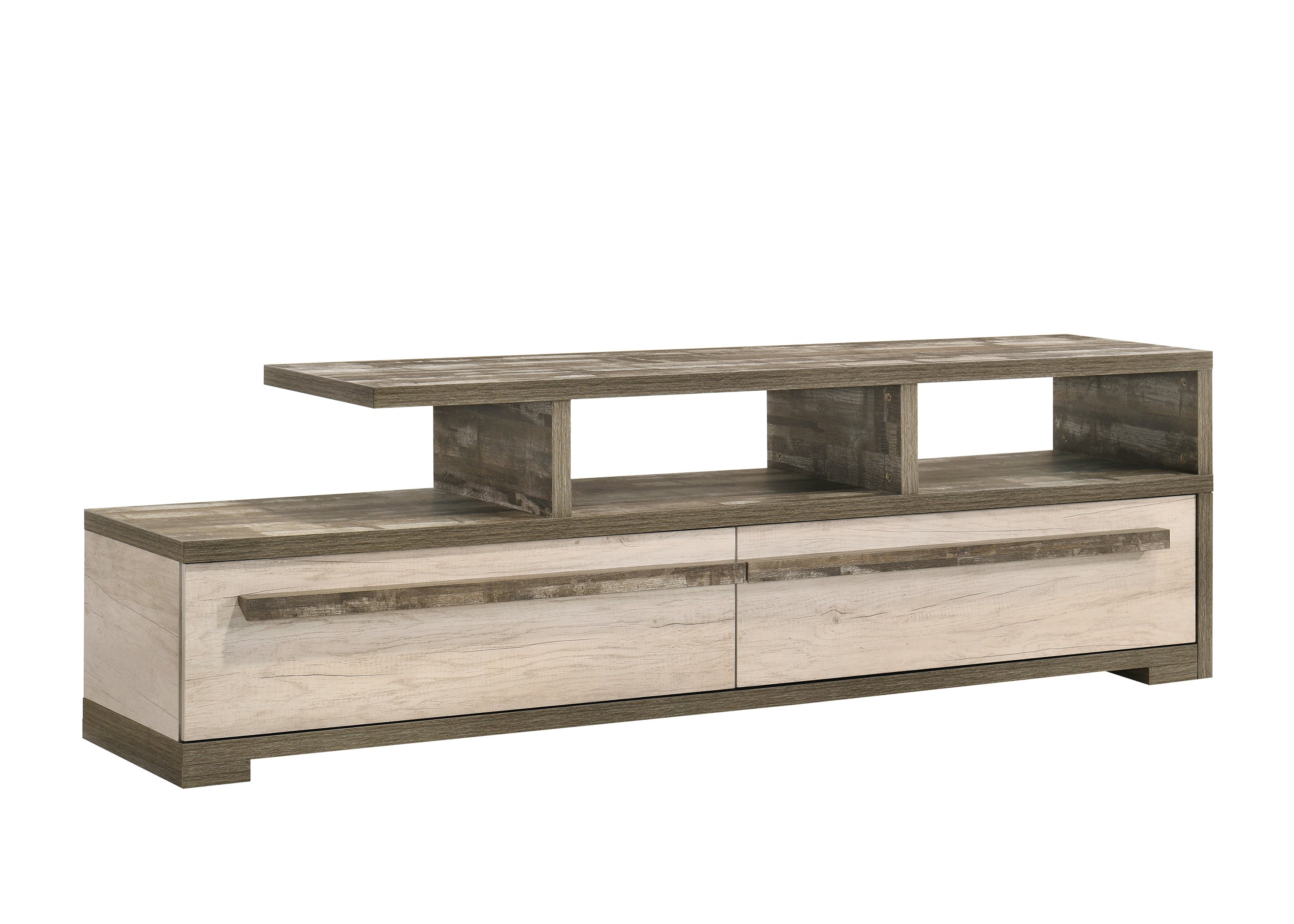 Modern wood TV stand with open shelving and two spacious drawers, featuring a two-tone finish and clean lines.