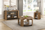Three-piece brown wooden coffee table set with matching sofa and end tables, each featuring convenient bottom shelves.