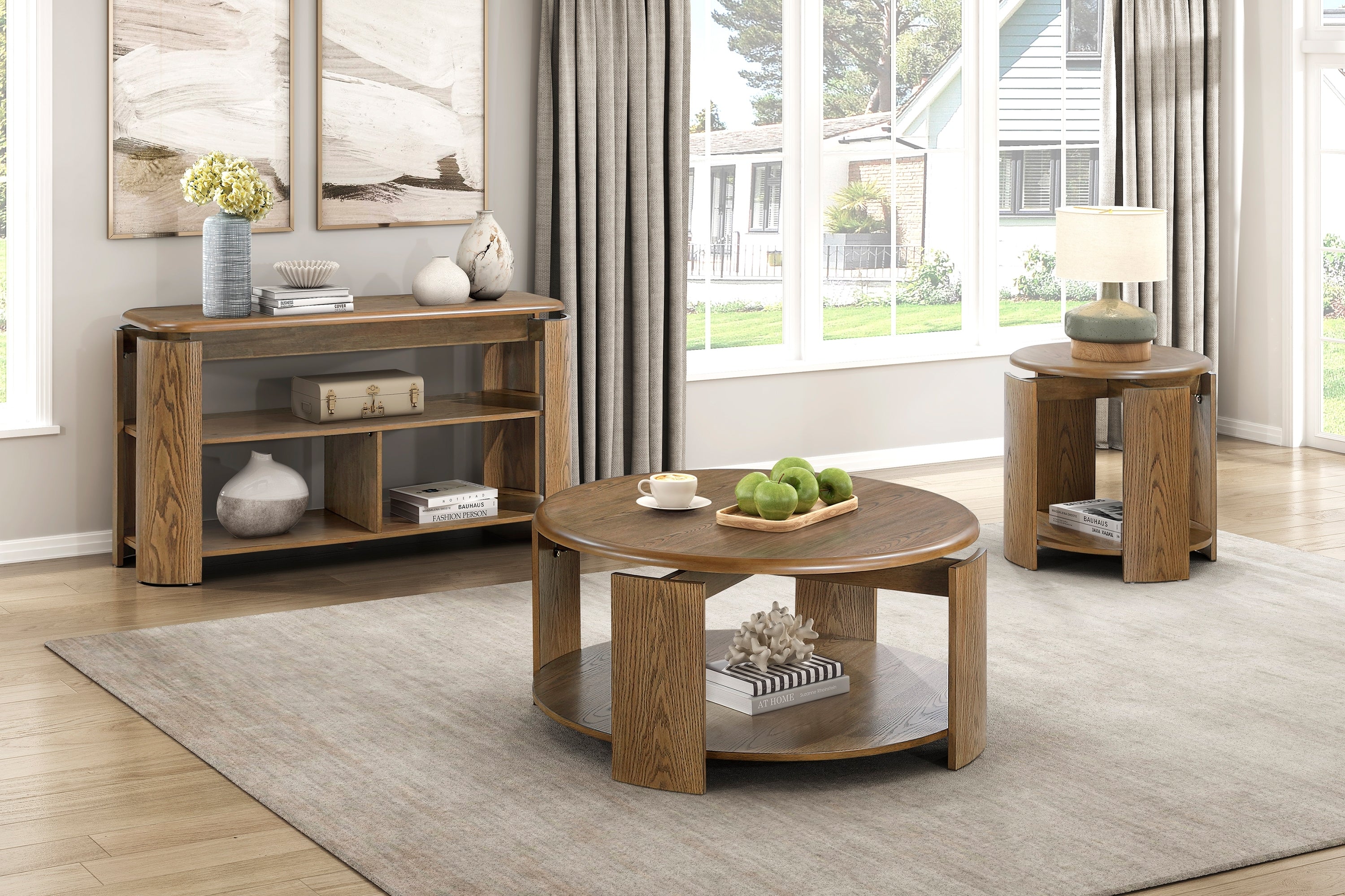 Three-piece brown wooden coffee table set with matching sofa and end tables, each featuring convenient bottom shelves.