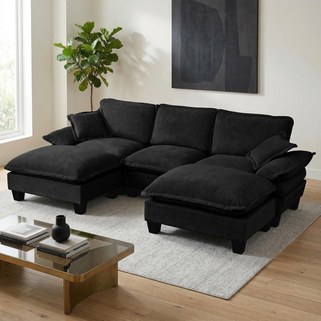 U-Shaped Modular Chenille Cloud Sofa with Ottomans in Black