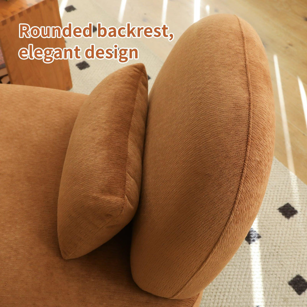 Rounded backrest and soft cushion of accent chair with solid wood legs, designed for comfort and elegance.