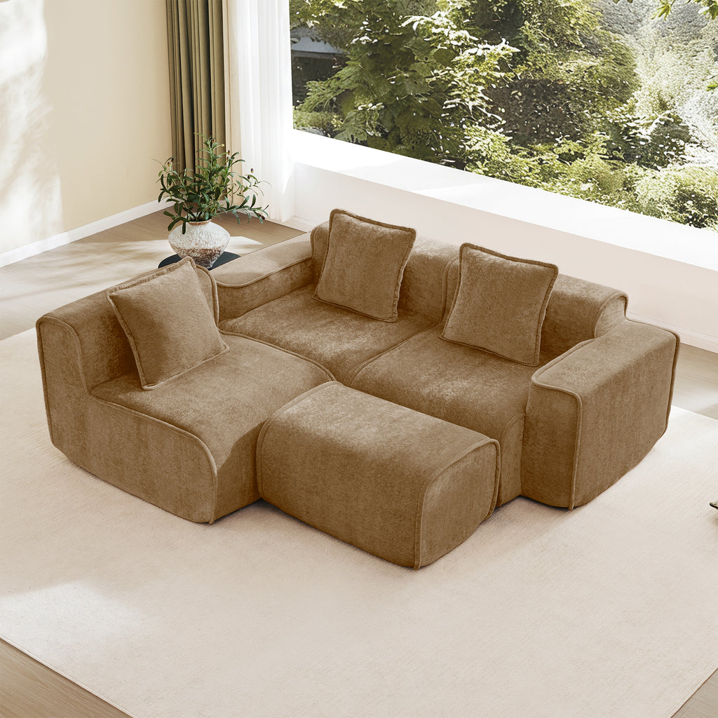Compact L-shaped configuration of Velvet Modular Sectional Sofa with ottoman. Space-saving and stylish with soft velvet texture.