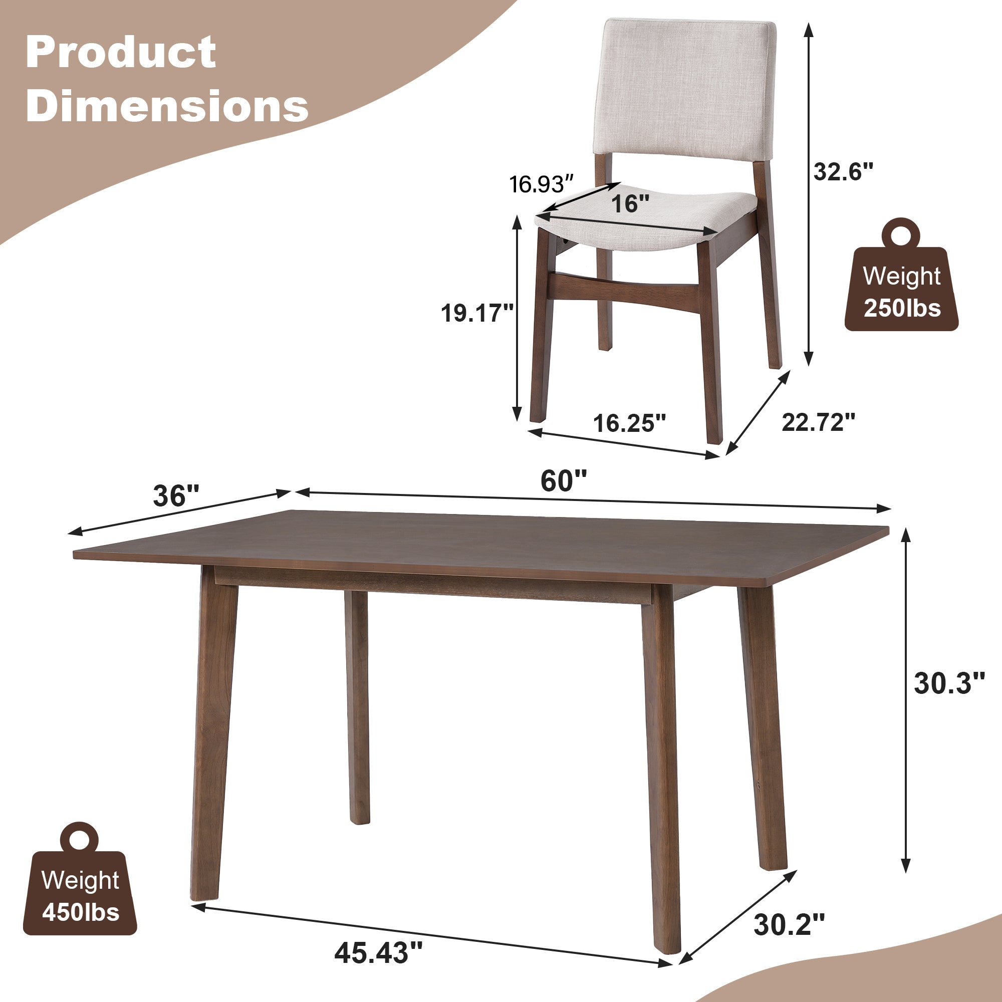 Dimensions of Modern Dining Set - Chairs & Table Walnut Finish with chair and table measurements for perfect space planning and seating comfort.