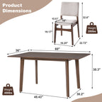Product dimensions of modern wood dining set with upholstered chairs. Table and chair measurements for space planning.