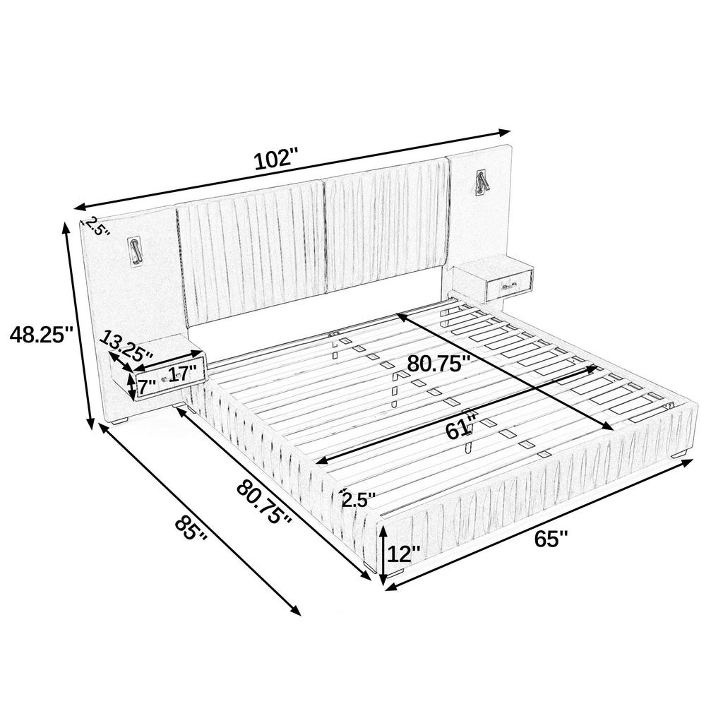 Dimensions diagram of queen upholstered bed with built-in table and lamp, showing solid frame, pleated headboard, and integrated storage drawers.
