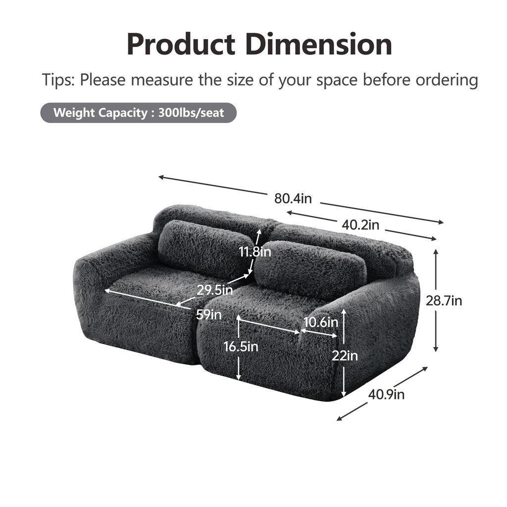 Modular Sofa - Dark Grey with detailed dimensions showing plush fabric, anti-slip design, and 300lbs weight capacity per seat.