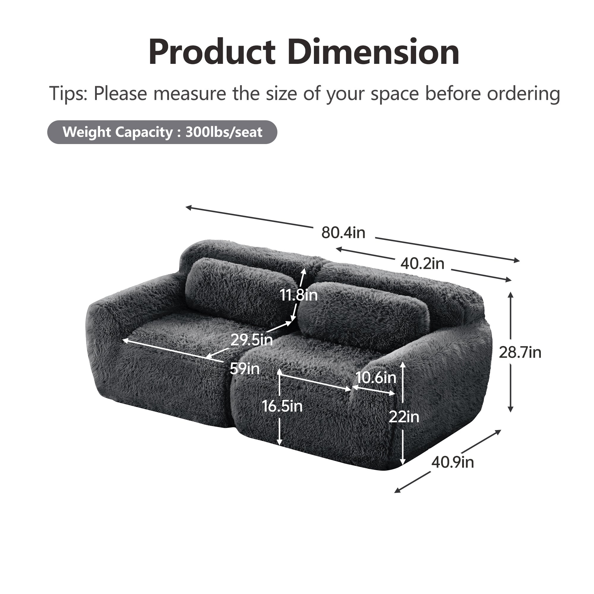 Modular Sofa - Dark Grey with detailed dimensions showing plush fabric, anti-slip design, and 300lbs weight capacity per seat.