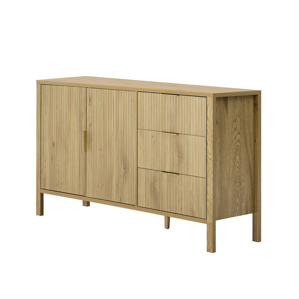 Angled view of modern sideboard cabinet with wave-pattern design and 3 drawers, ideal for stylish and functional storage.