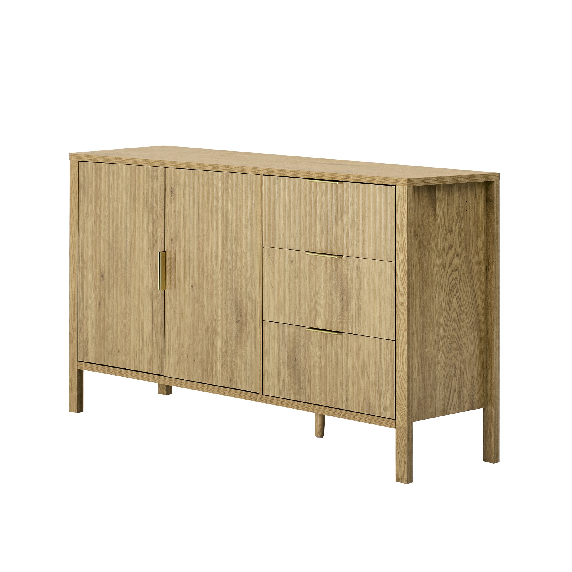 Angled view of modern sideboard cabinet with wave-pattern design and 3 drawers, ideal for stylish and functional storage.