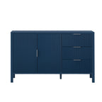 Front view of modern navy sideboard with three drawers and two cabinet doors, perfect for stylish home storage.