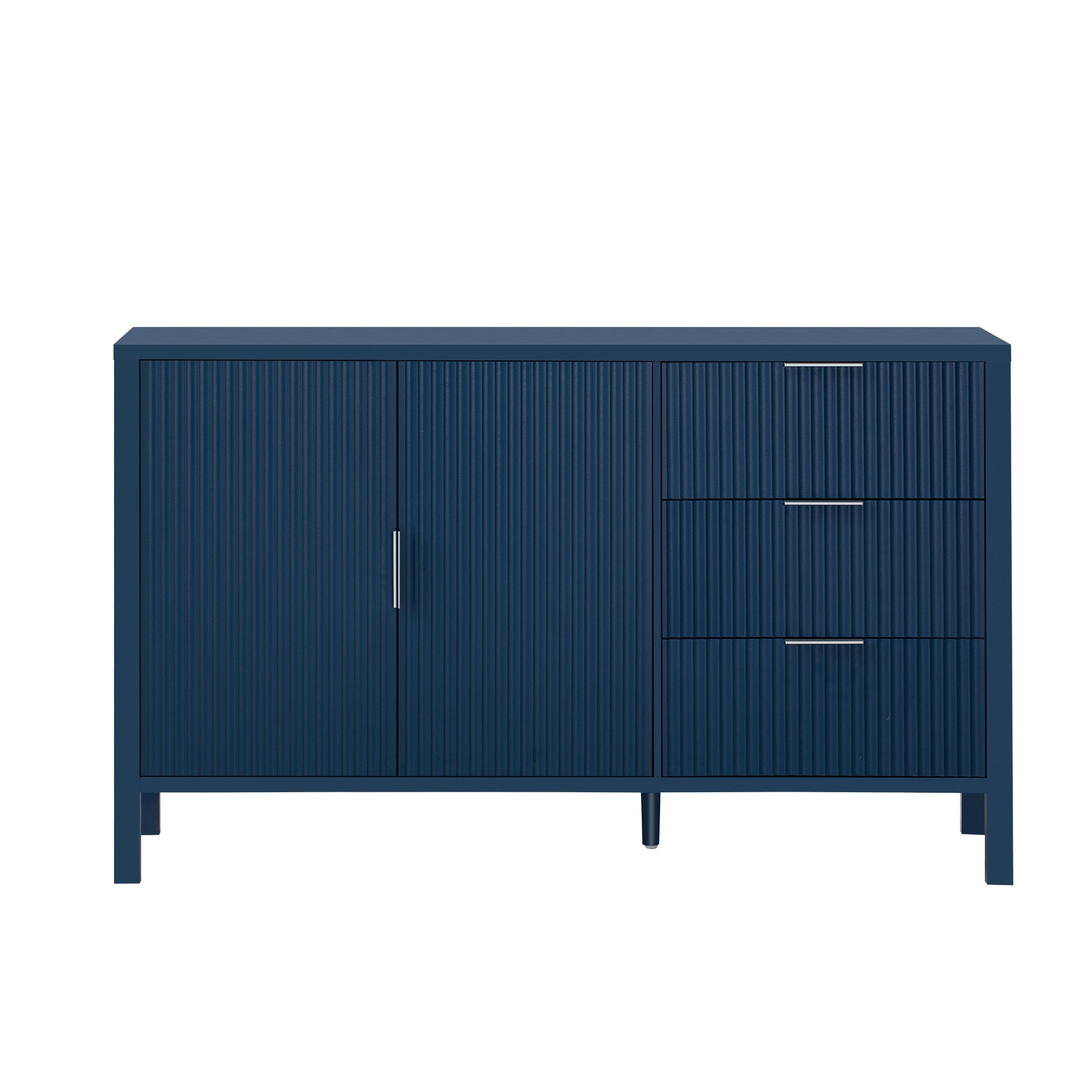 Front view of modern navy sideboard with three drawers and two cabinet doors, perfect for stylish home storage.