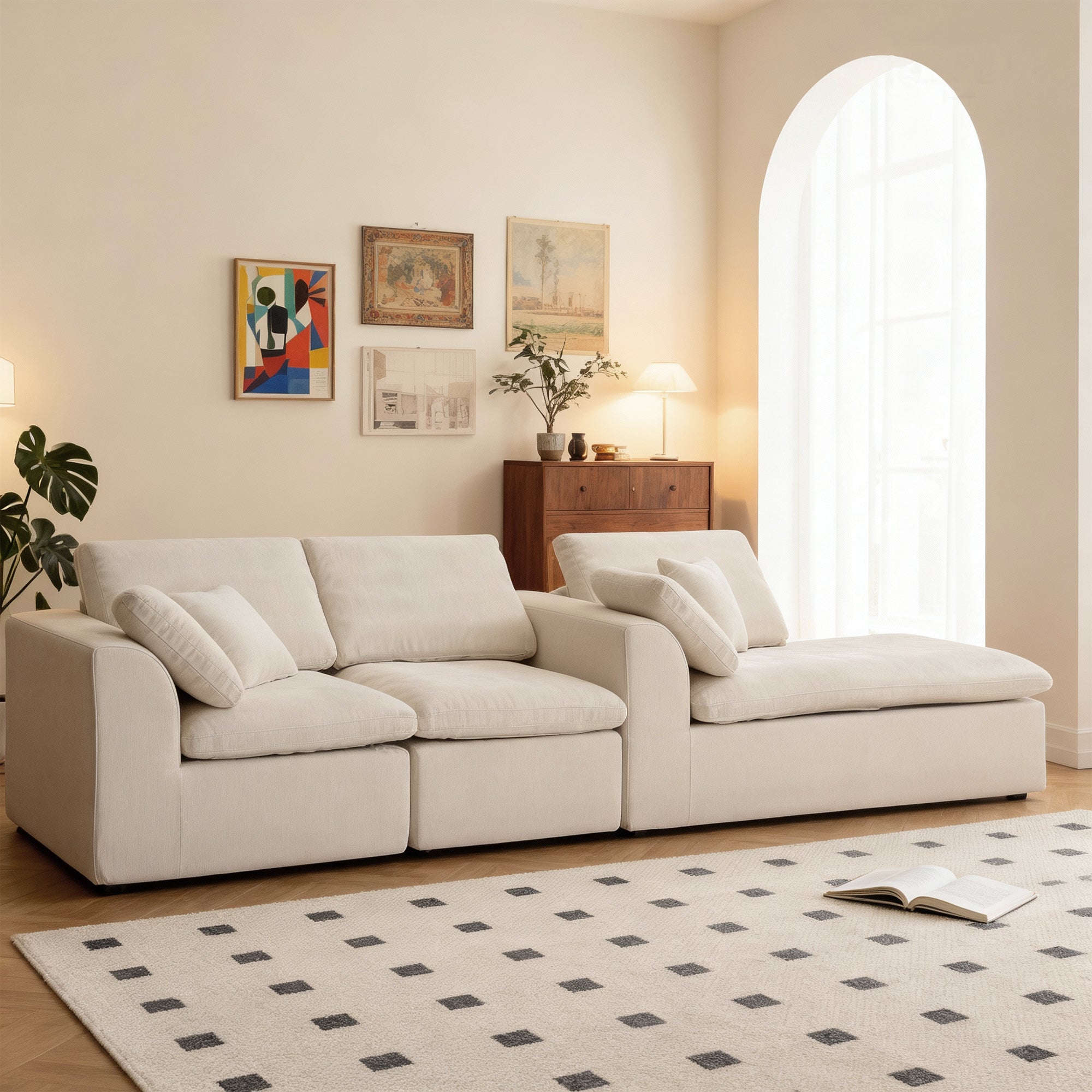 L-Shaped Sectional Sofa - Modern Corduroy Couch in modular layout with separated chaise, styled in a bright room with wall art and rug.
