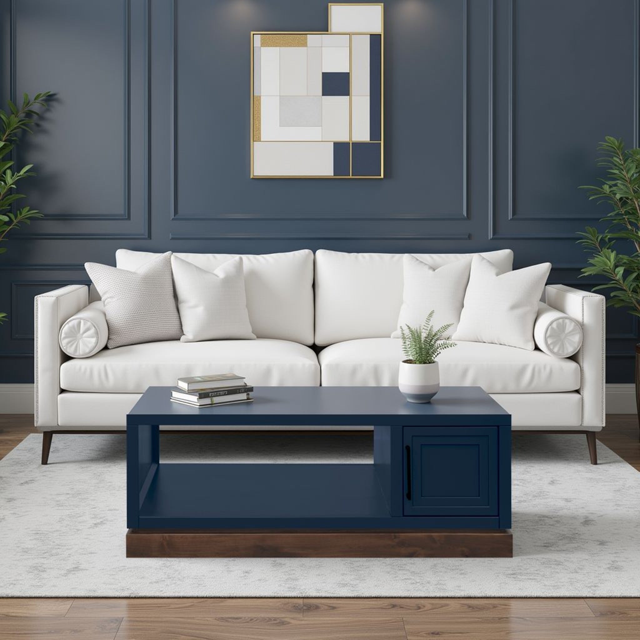Nora Coffee Table - 48 Inch in Blue Denim Finish with whiskey-tone base, featuring a cabinet door and open shelf for storage in a modern living room.