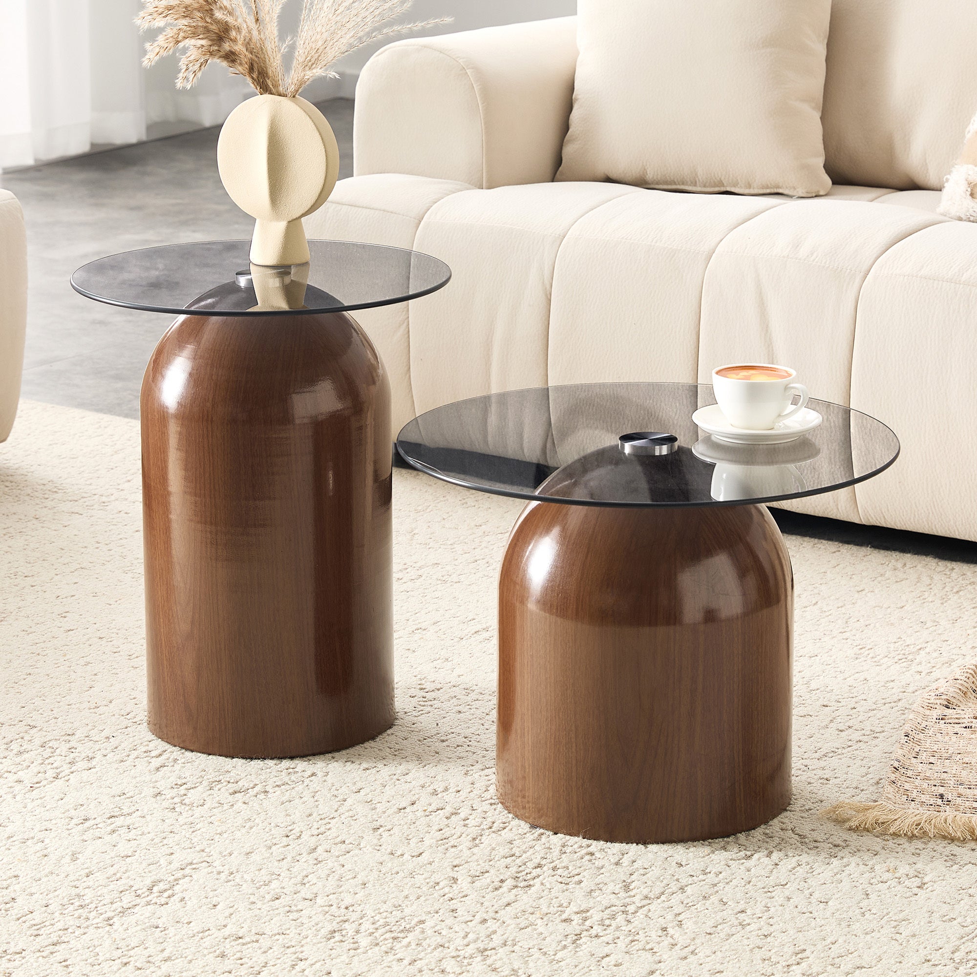 Nesting Walnut Glass Coffee Table Set of 2 for Living Room