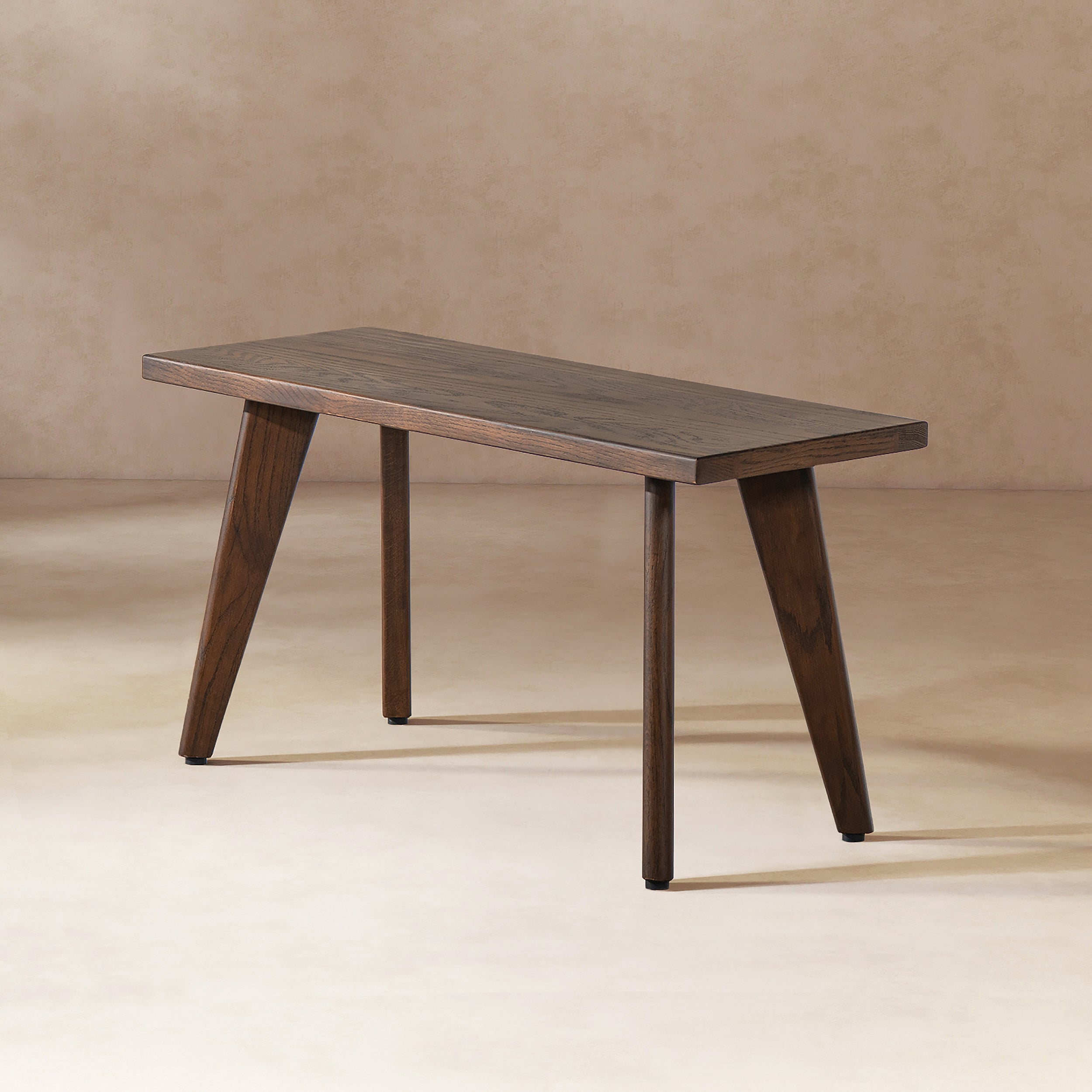 Capri 35.5' Solid Red Oak Wood Bench with tapered legs and dark brown finish. A compact and elegant dining bench for modern interiors.