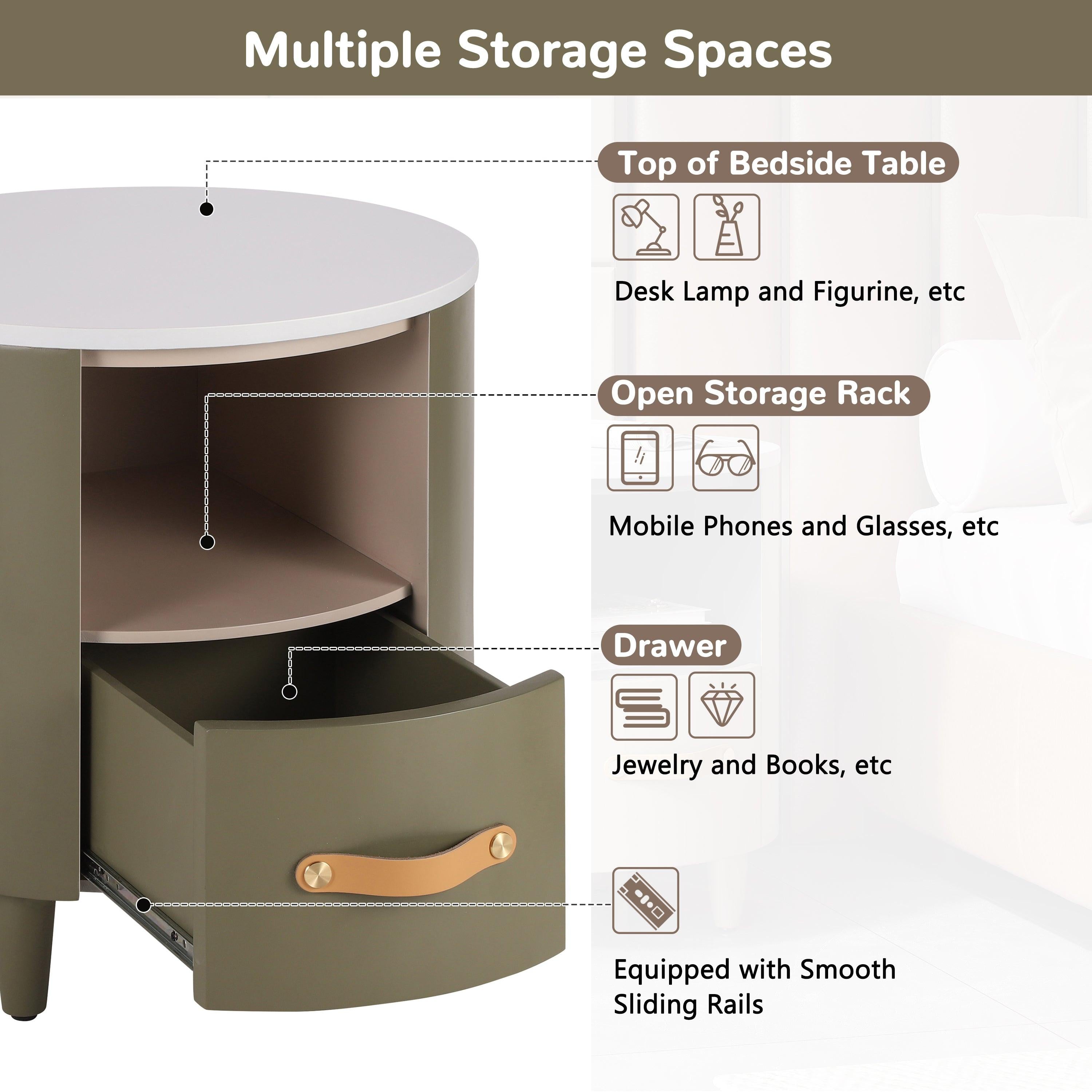 Modern Round Nightstand with Storage Drawer & Shelf.